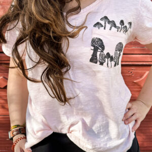 Size XL - Funguy pocket tee printed on a peach-colored shirt with rolled sleeves