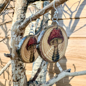 Funguy earrings made from reclaimed wood tree cookie