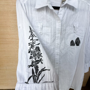 Size L - White Airy Button Down with Burn Habitat Print Featuring Fireweed and Morels