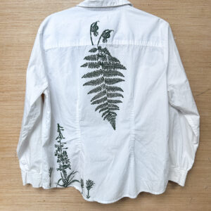 Size L - White Button Down with Green Fern and Flower Print