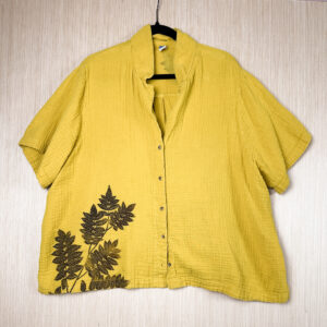 Size XXL - Mountain Ash Print on Mustard-Colored Short Sleeve Button Down