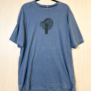 Front of blue-grey t-shirt with black bolete print on chest.
