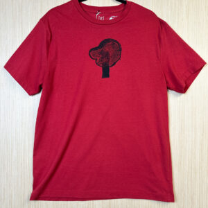 Front of red t-shirt with bolete print on chest.