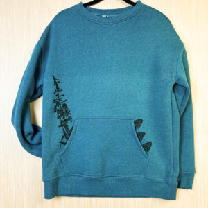 Front of blue crewneck sweatshirt with front pocket printed with fireweed and morels.