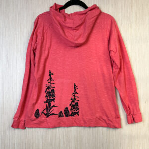 Back of red hoodie with fireweed and morels printed along lower left seam.