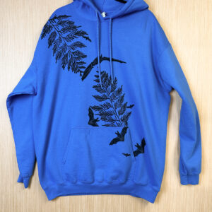 Front of blue hoodie with cedar and bat print.