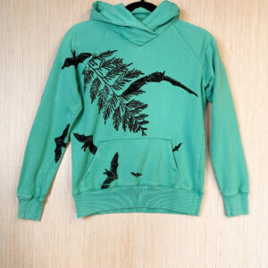 Front of teal hoodie with bats and cedar branch printed in black ink.