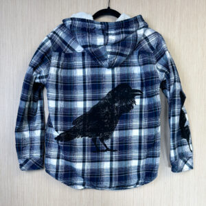 Back of jacket with raven print.