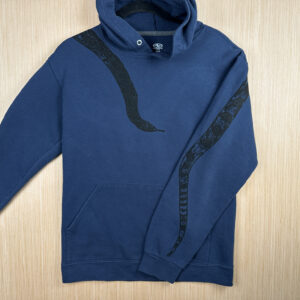 Front of navy hoodie with snake head across front and tail printed on back of left sleeve.