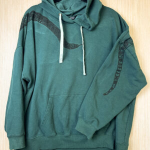 Front of forest green hoodie with black snake print coming down from right shoulder across center chest, with left sleeve folded over showing snake tail on back side of sleeve.