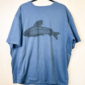 Front of blue/grey t-shirt with black arctic grayling print across the front.