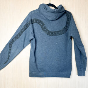 Back of grey hoodie with snake print coming down from right shoulder, around the back, and down left arm.