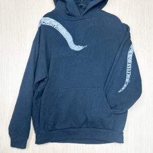 Front of black sweatshirt with white snake head printed coming down from right shoulder, folded over left sleeve showing where tail is printed on back.