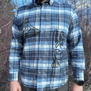 Size L - Steelhead Print on Blue Flannel Button Down