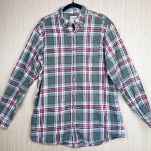 front of green, red, and white flannel button up.