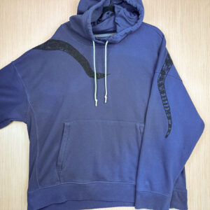 Front of navy blue hoodie with black snake coming down from right shoulder, tail print shown on back side of folded over left sleeve.