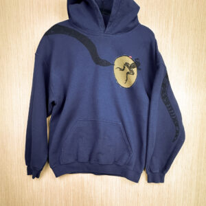 Front of navy blue hoodie with black snake coming down from right shoulder, green circle reverse applique on left breast right in front of snake's mouth, frog printed half in circle, jumping away from snake head, tail print shown on back side of folded over left sleeve.