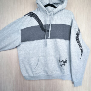 Grey hoodie with darker grey rectangular panel across chest with snake head across front and tail printed on back of left sleeve. Frog printed jumping out of left side of pocket.