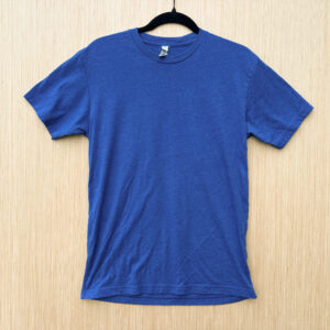Front of heathered-blue t-shirt.