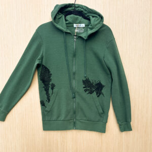 Front of green zip hoodie with a black ink pika printed popping out of left pocket, beargrass and two indian paintbrush coming out of right pocket.