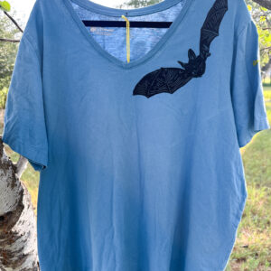 Front of blue v-neck t-shirt with black Allen's Long Eared bat print along left neckline.