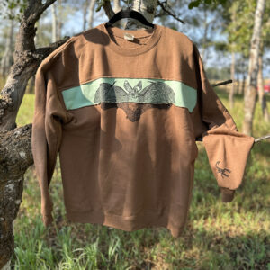 Front of brown sweatshirt with green stripe sewn across chest, black pallid bat print half on green stripe and half on brown, and a black scorpion printed on left sleeve.